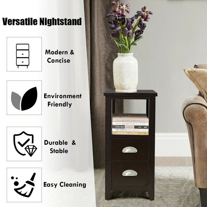 Set of 2 End Bedside Table Rectangular Nightstand W/ 2 Drawers and Shelf Espresso Image 7