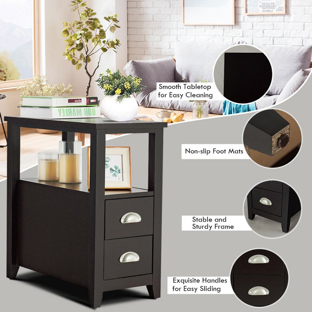 Set of 2 End Bedside Table Rectangular Nightstand W/ 2 Drawers and Shelf Espresso Image 8