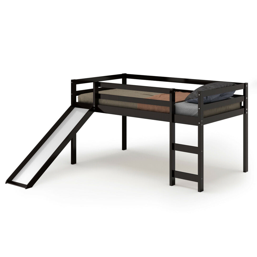 Twin Size Loft Bed with Slide Wood Low Sturdy Loft Bed for Kids Bedroom Espresso Image 4