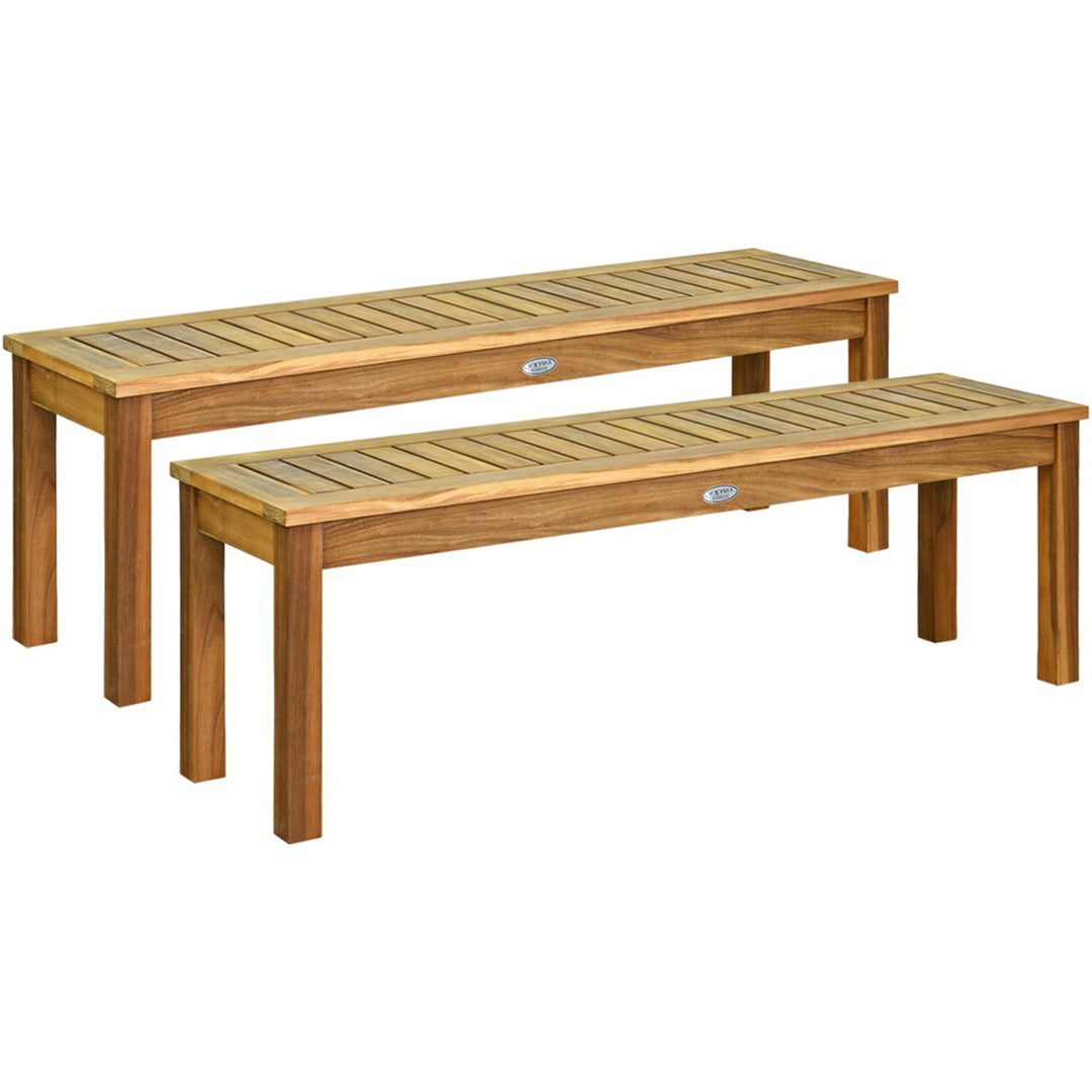 Set of 2 Acacia Wood Bench Dining Bench Patio Garden w/ Slatted Seat Indonesia Teak Image 1