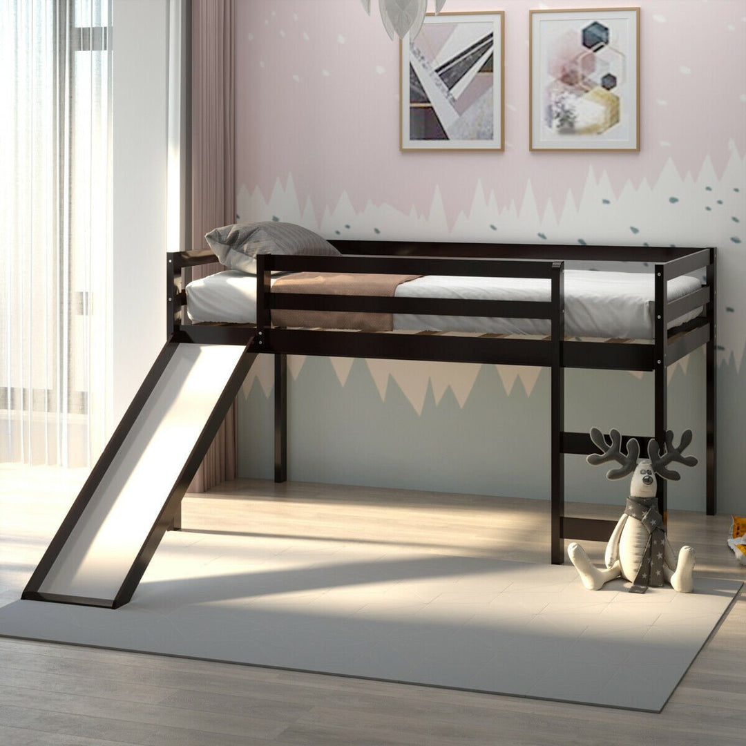 Twin Size Loft Bed with Slide Wood Low Sturdy Loft Bed for Kids Bedroom Espresso Image 6