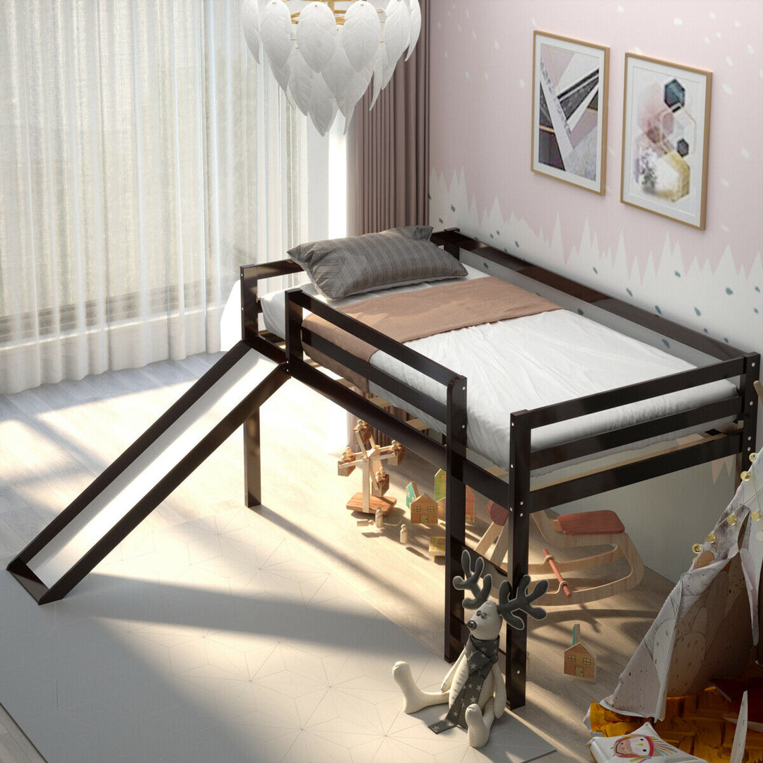 Twin Size Loft Bed with Slide Wood Low Sturdy Loft Bed for Kids Bedroom Espresso Image 1