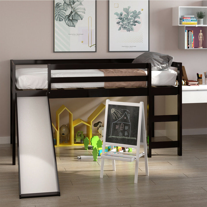 Twin Size Loft Bed with Slide Wood Low Sturdy Loft Bed for Kids Bedroom Espresso Image 5