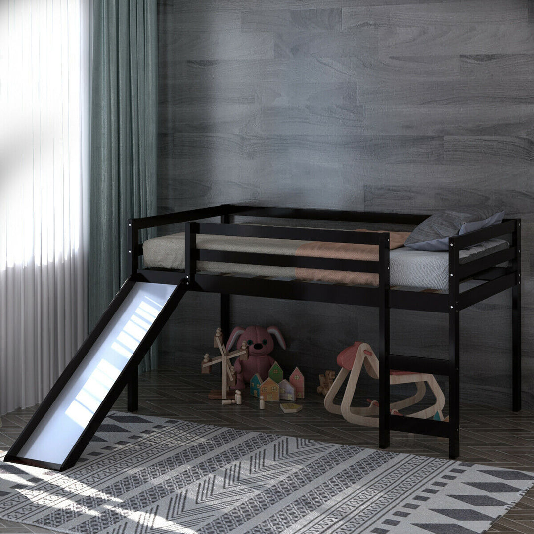 Twin Size Loft Bed with Slide Wood Low Sturdy Loft Bed for Kids Bedroom Espresso Image 3