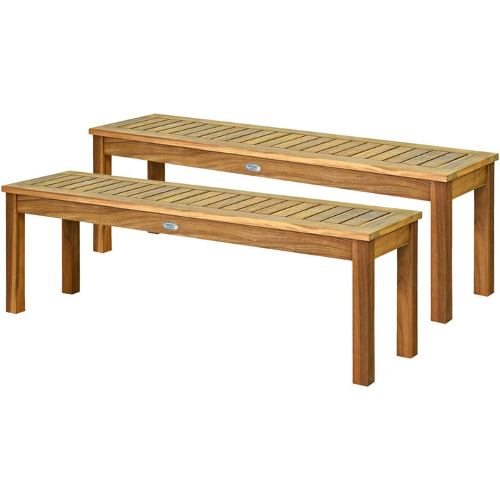 Set of 2 Acacia Wood Bench Dining Bench Patio Garden w/ Slatted Seat Indonesia Teak Image 4