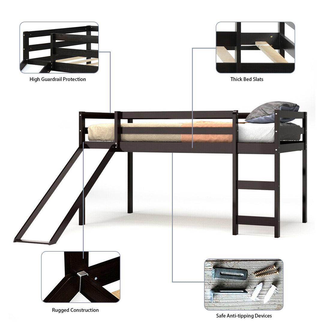 Twin Size Loft Bed with Slide Wood Low Sturdy Loft Bed for Kids Bedroom Espresso Image 10