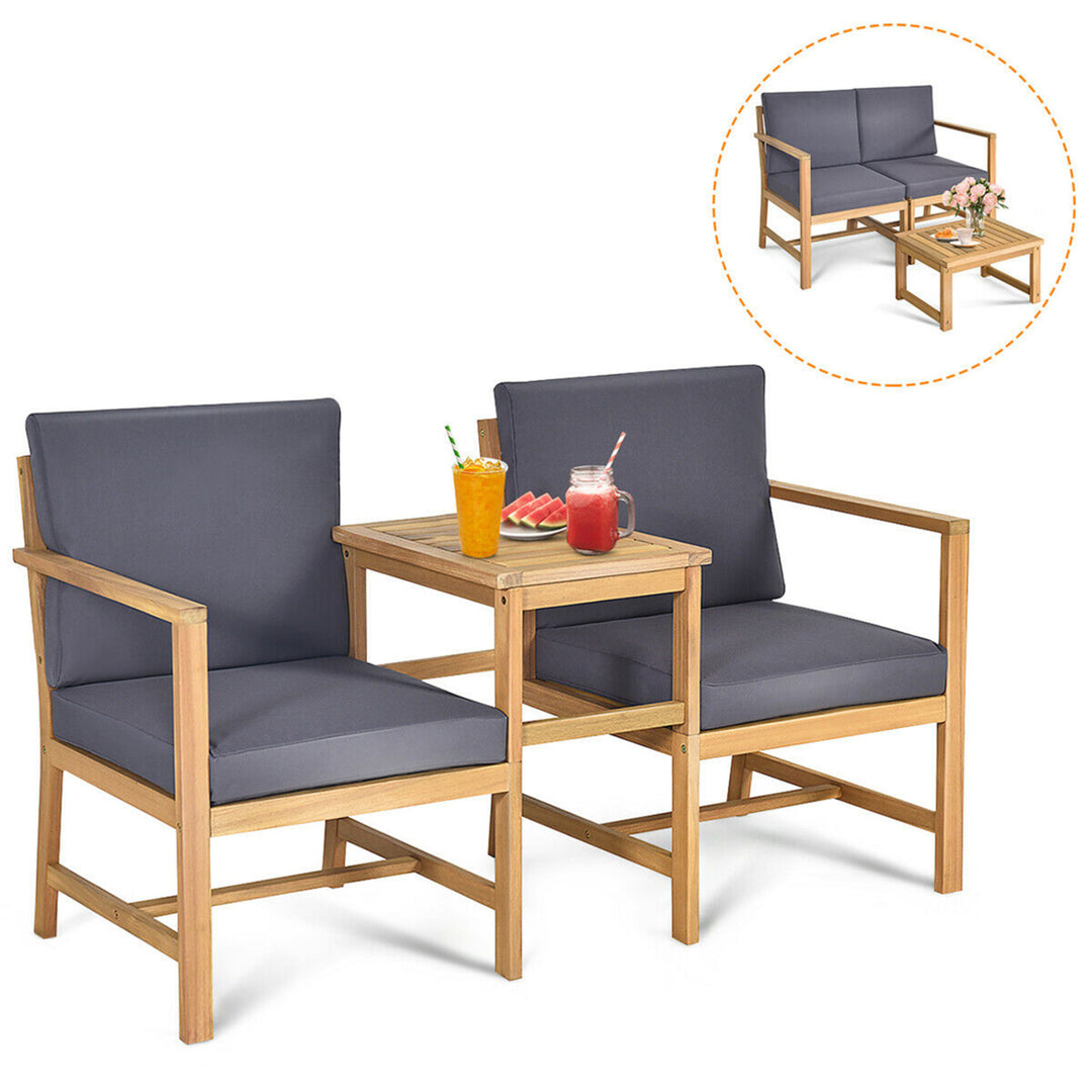 3 in 1 Acacia Wood Furniture Set Patio Outdoor w/ Cushion Coffee Table Image 2