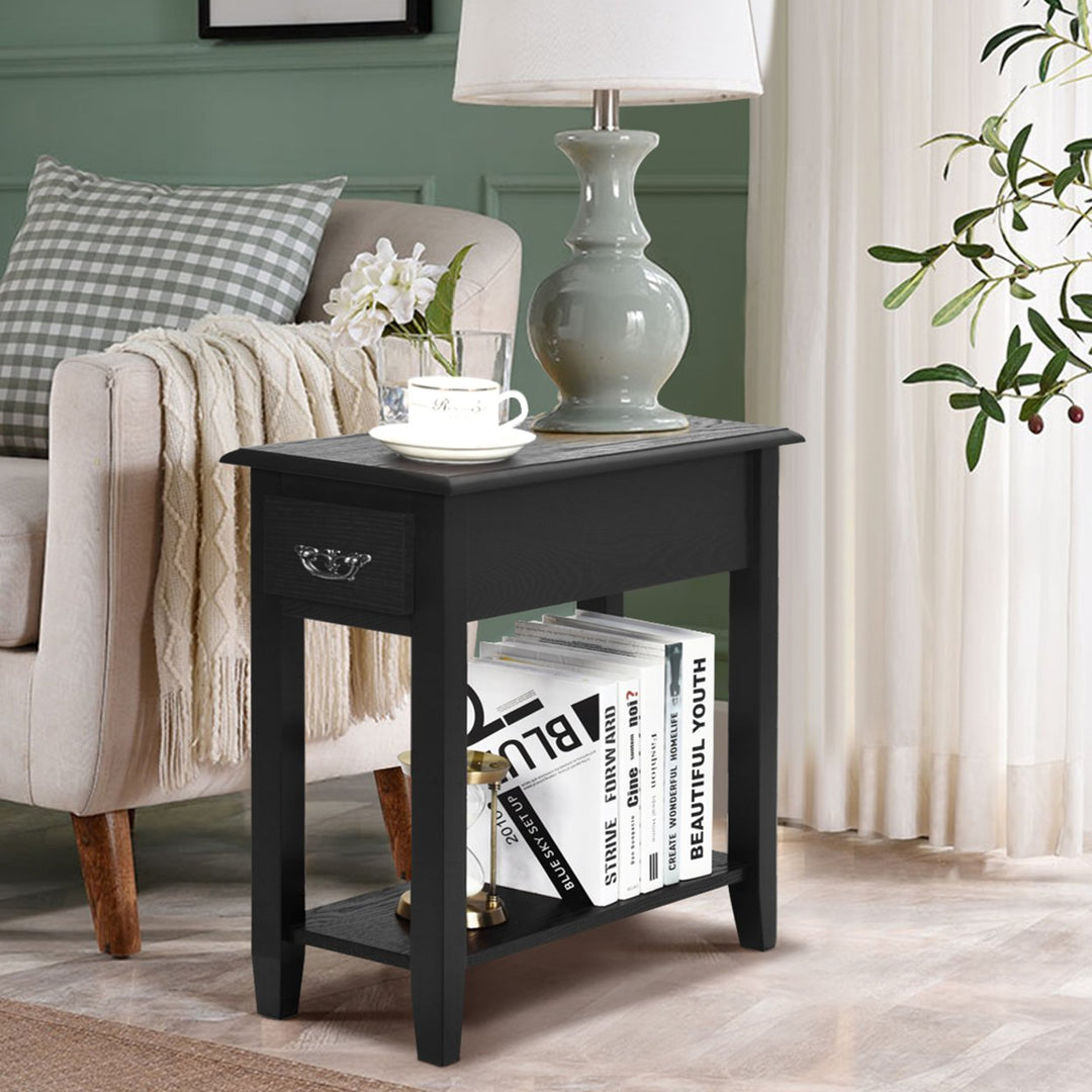 2 Tier End Bedside Sofa Side Table Narrow Nightstand w/Drawer andShelf Black Image 3