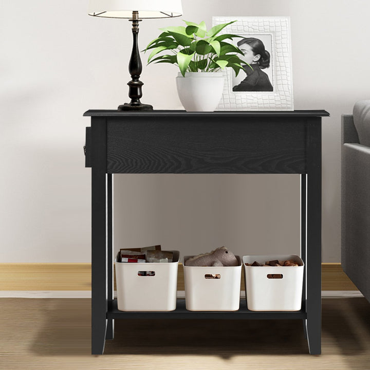 2 Tier End Bedside Sofa Side Table Narrow Nightstand w/Drawer andShelf Black Image 4