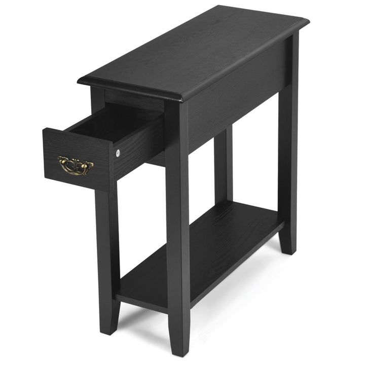 2 Tier End Bedside Sofa Side Table Narrow Nightstand w/Drawer andShelf Black Image 6