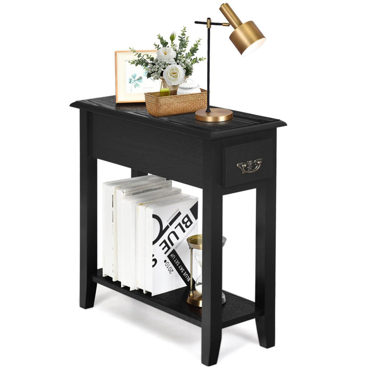 2 Tier End Bedside Sofa Side Table Narrow Nightstand w/Drawer andShelf Black Image 7