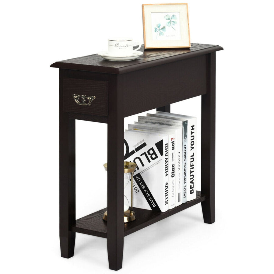 2 Tier End Bedside Sofa Side Table Narrow Nightstand w/Drawer andShelf Espresso Image 1