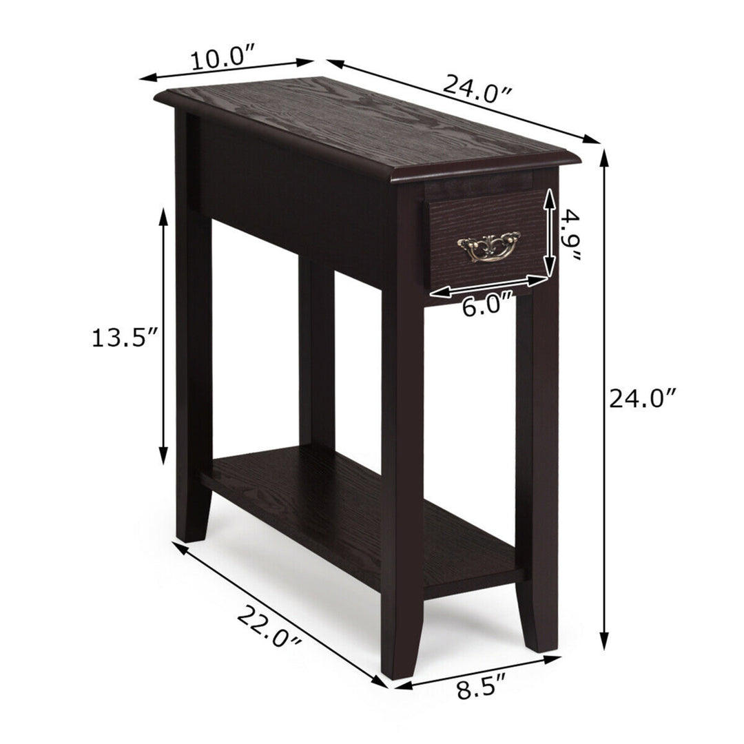 2 Tier End Bedside Sofa Side Table Narrow Nightstand w/Drawer andShelf Espresso Image 2