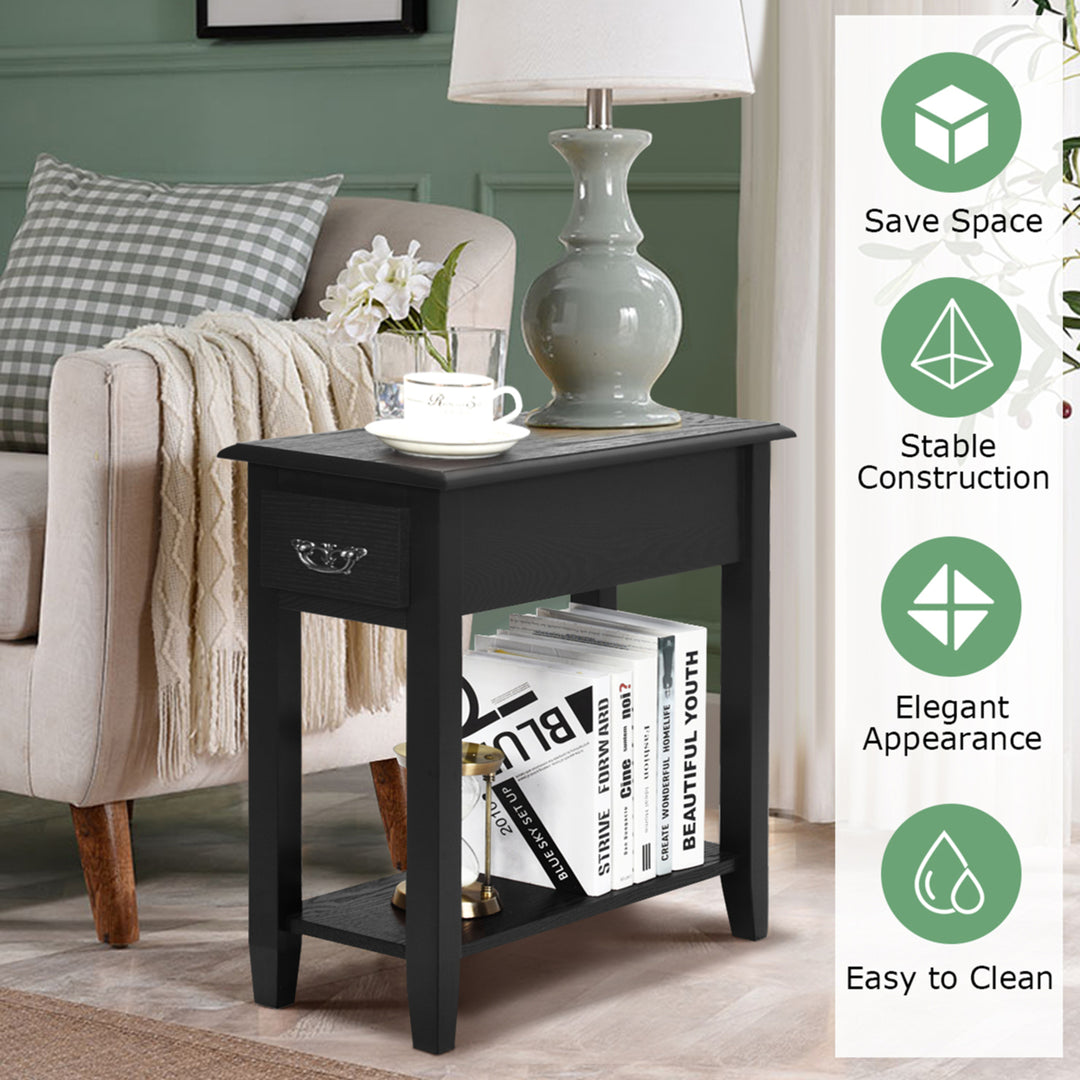 2 Tier End Bedside Sofa Side Table Narrow Nightstand w/Drawer andShelf Black Image 9