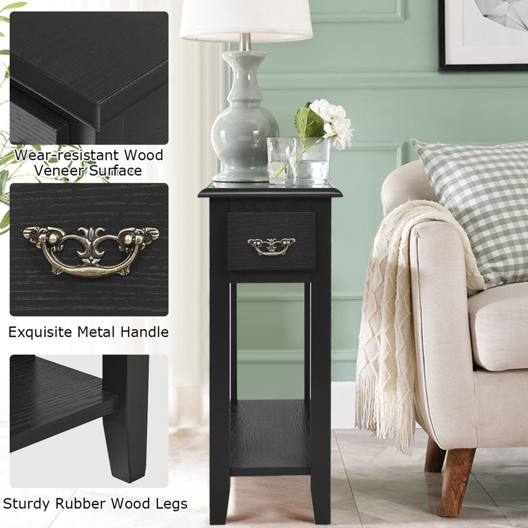 2 Tier End Bedside Sofa Side Table Narrow Nightstand w/Drawer andShelf Black Image 10