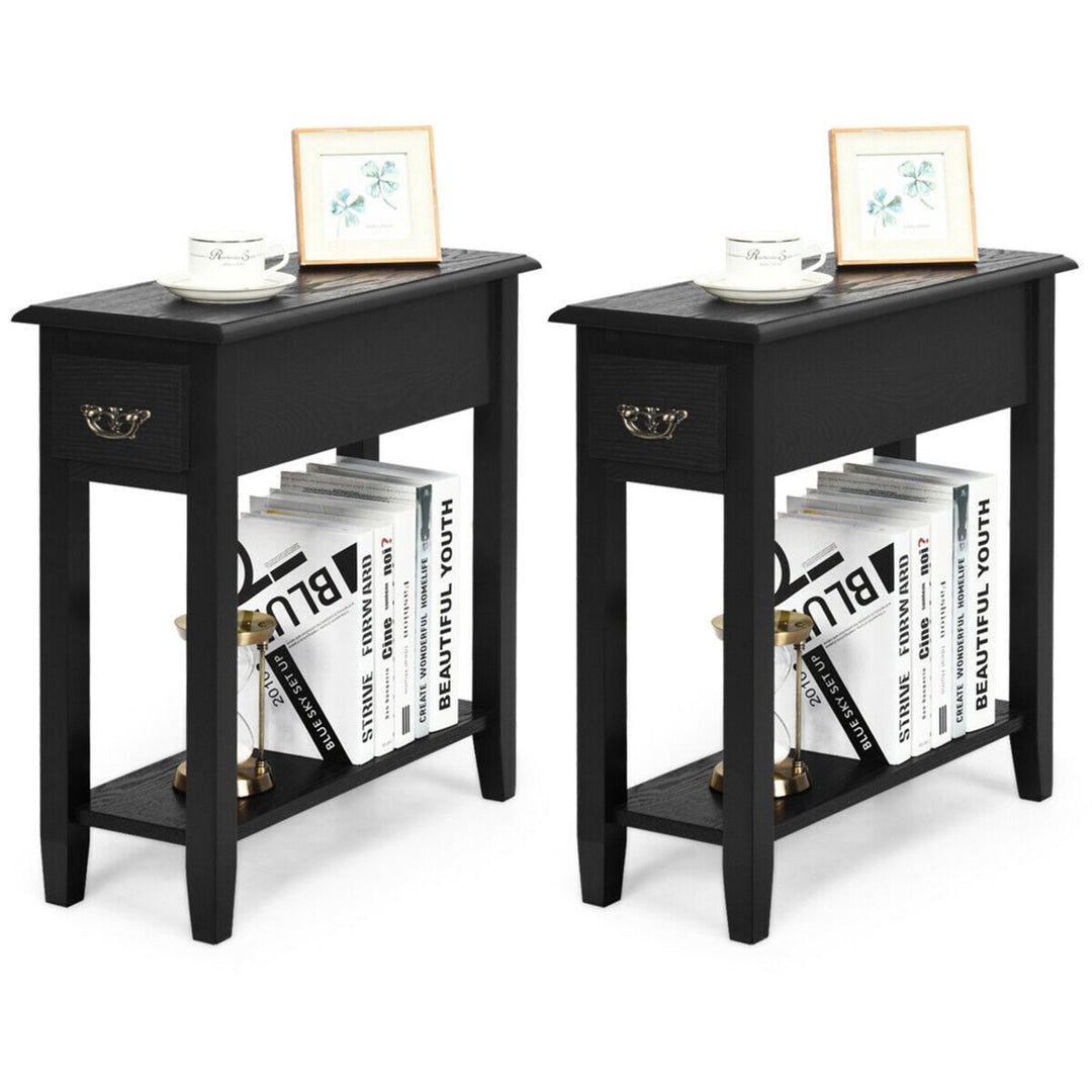 Set of 2 Nightstand 2 Tier End Bedside Sofa Side Table w/Drawer andShelf Black Image 1