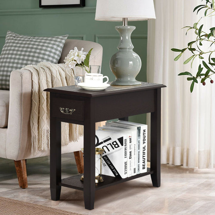 2 Tier End Bedside Sofa Side Table Narrow Nightstand w/Drawer andShelf Espresso Image 3