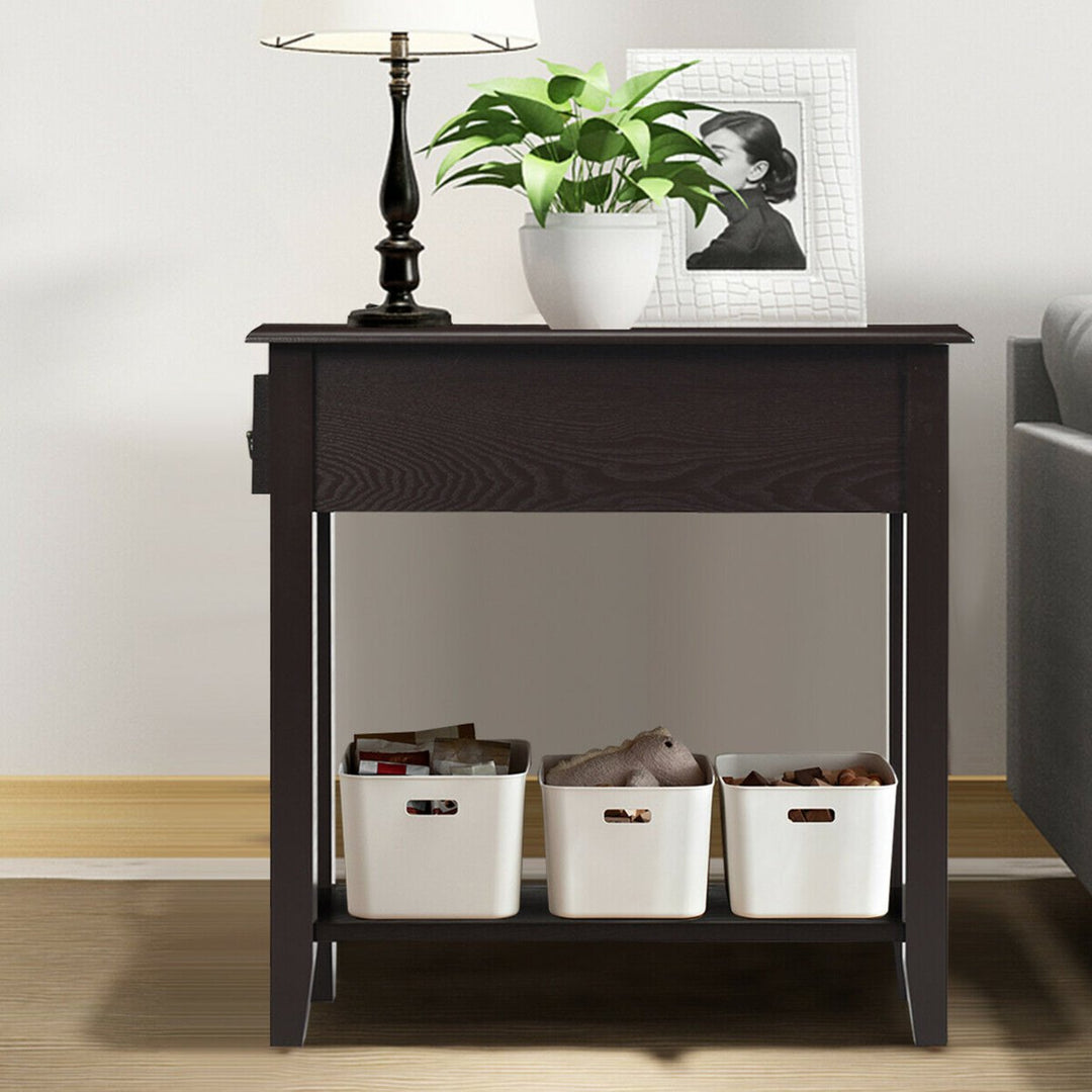 2 Tier End Bedside Sofa Side Table Narrow Nightstand w/Drawer andShelf Espresso Image 4