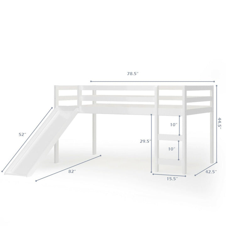 Twin Size Loft Bed with Slide Wood Low Sturdy Loft Bed for Kids Bedroom White Image 2