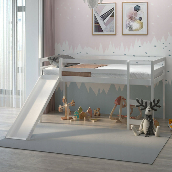 Twin Size Loft Bed with Slide Wood Low Sturdy Loft Bed for Kids Bedroom White Image 1