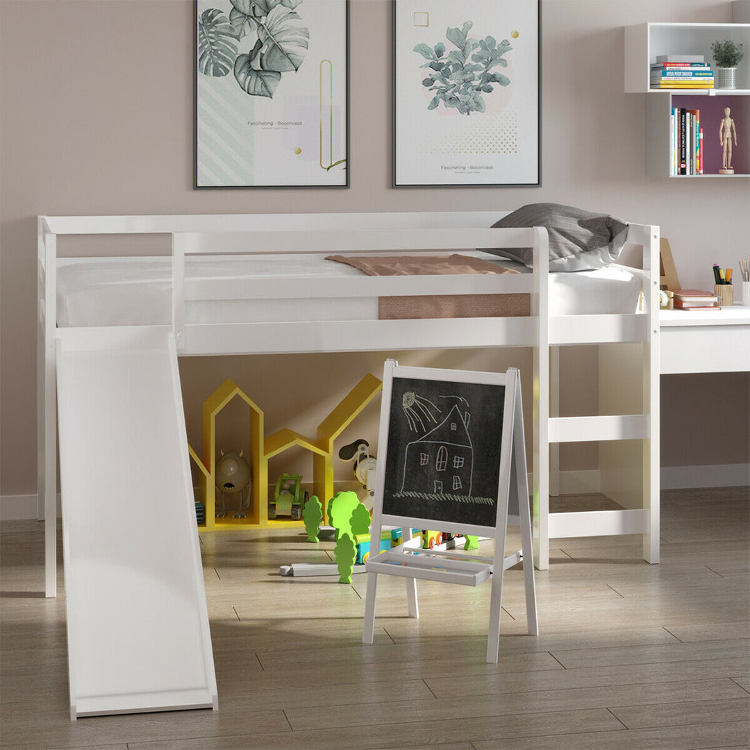 Twin Size Loft Bed with Slide Wood Low Sturdy Loft Bed for Kids Bedroom White Image 5