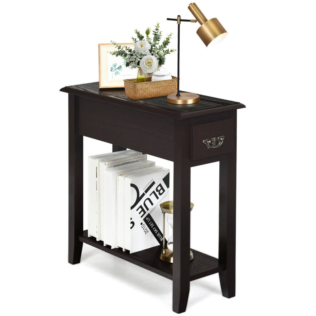 2 Tier End Bedside Sofa Side Table Narrow Nightstand w/Drawer andShelf Espresso Image 7