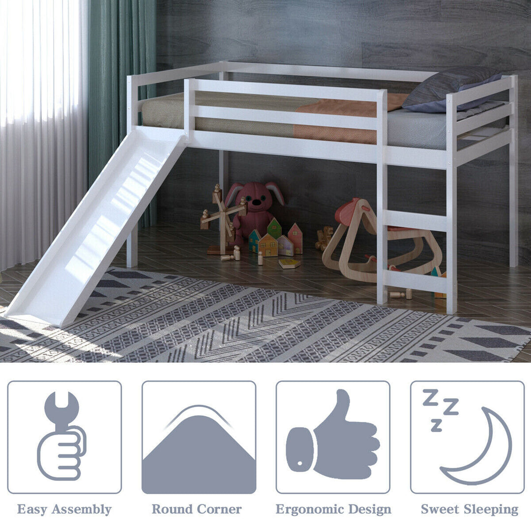 Twin Size Loft Bed with Slide Wood Low Sturdy Loft Bed for Kids Bedroom White Image 7