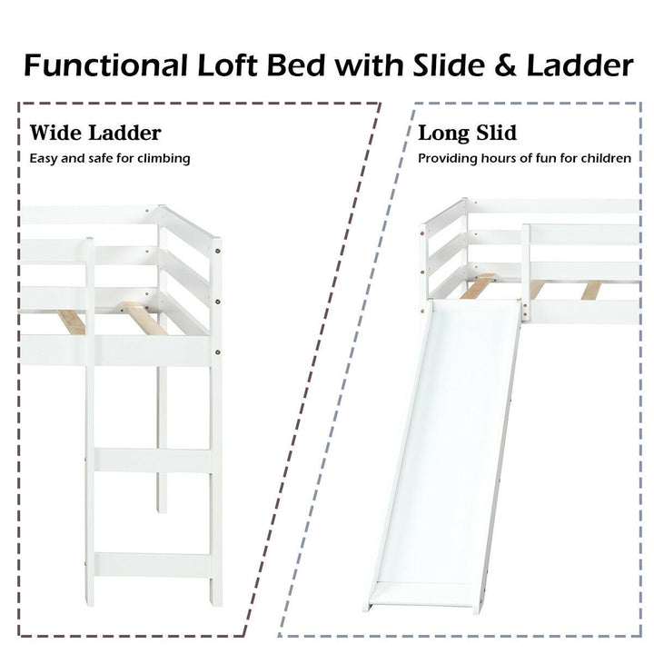 Twin Size Loft Bed with Slide Wood Low Sturdy Loft Bed for Kids Bedroom White Image 9