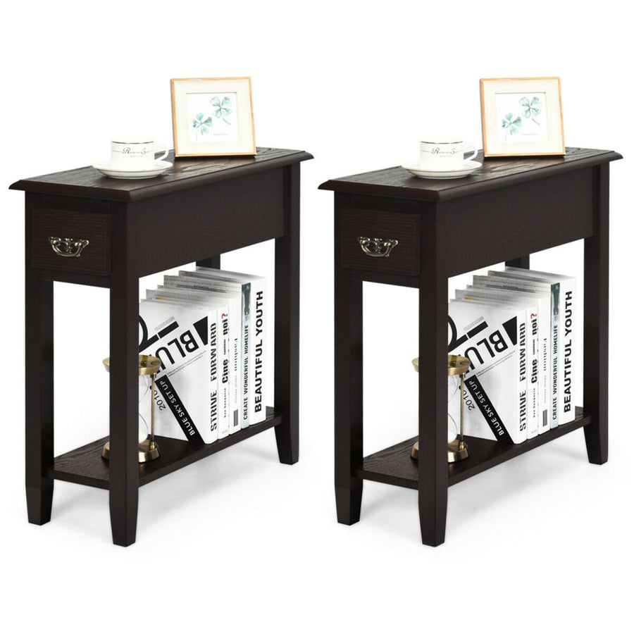 Set of 2 Nightstand 2 Tier End Bedside Sofa Side Table w/Drawer andShelf Espresso Image 1