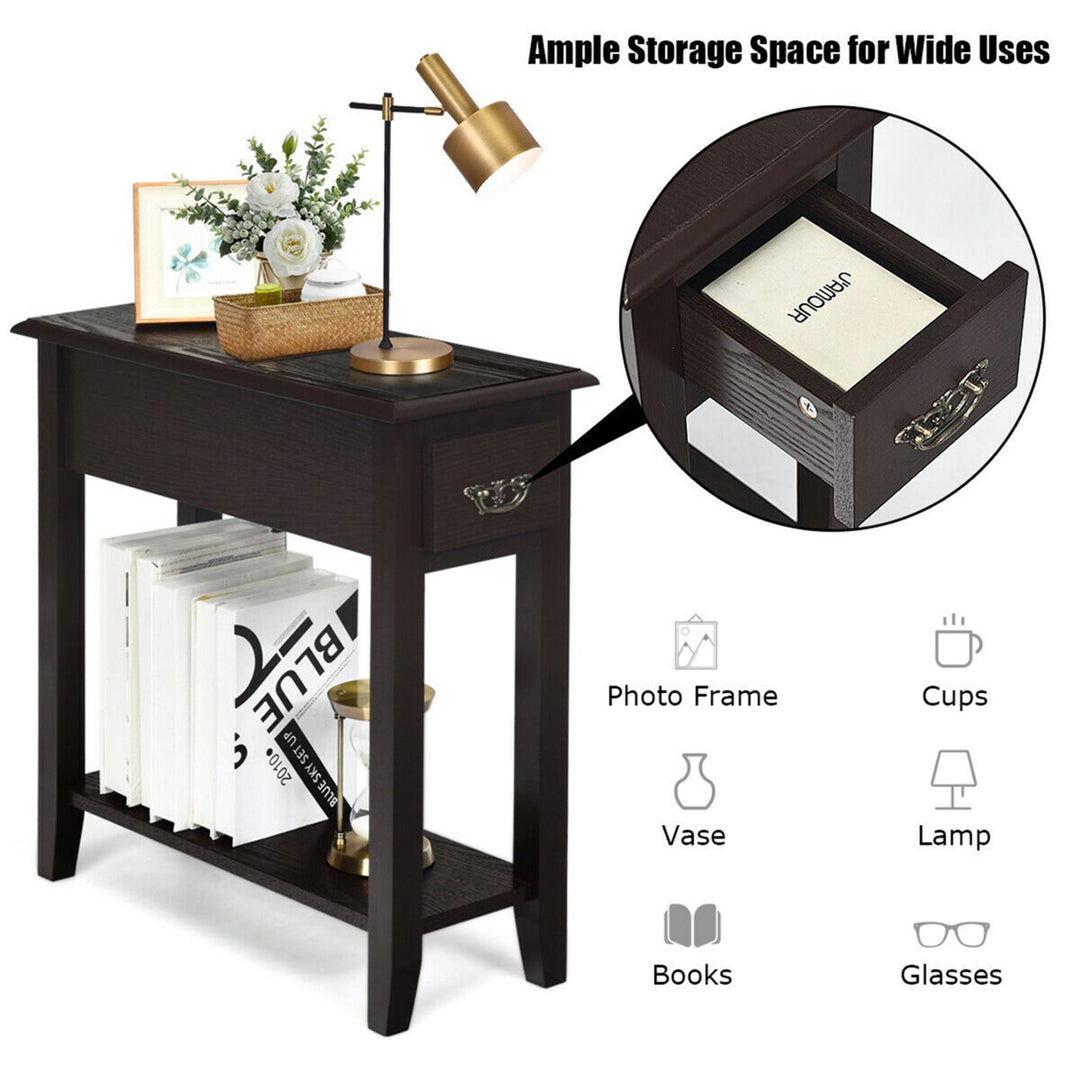 2 Tier End Bedside Sofa Side Table Narrow Nightstand w/Drawer andShelf Espresso Image 8