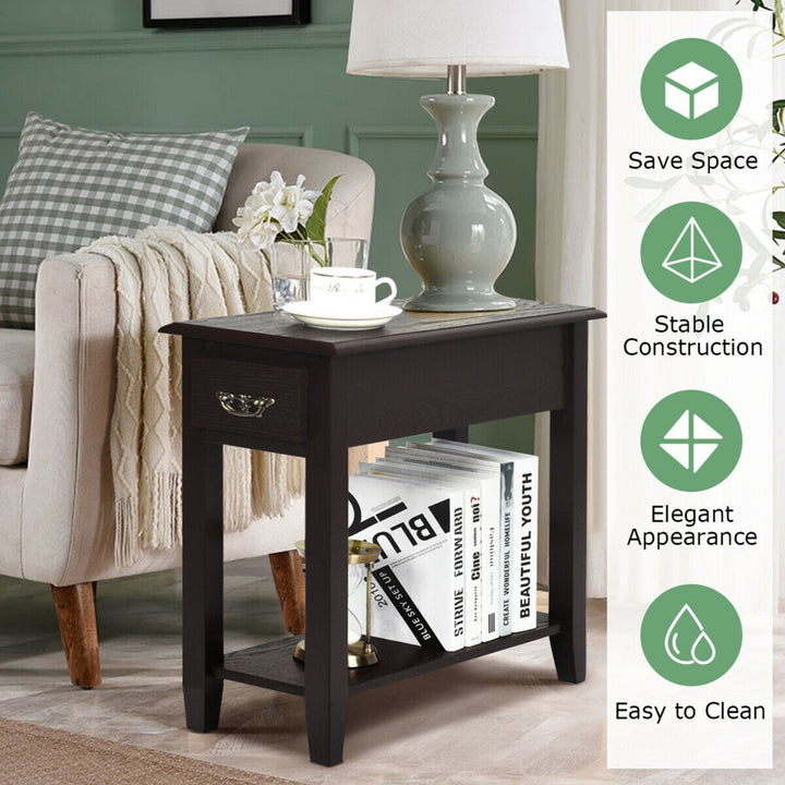 2 Tier End Bedside Sofa Side Table Narrow Nightstand w/Drawer andShelf Espresso Image 9