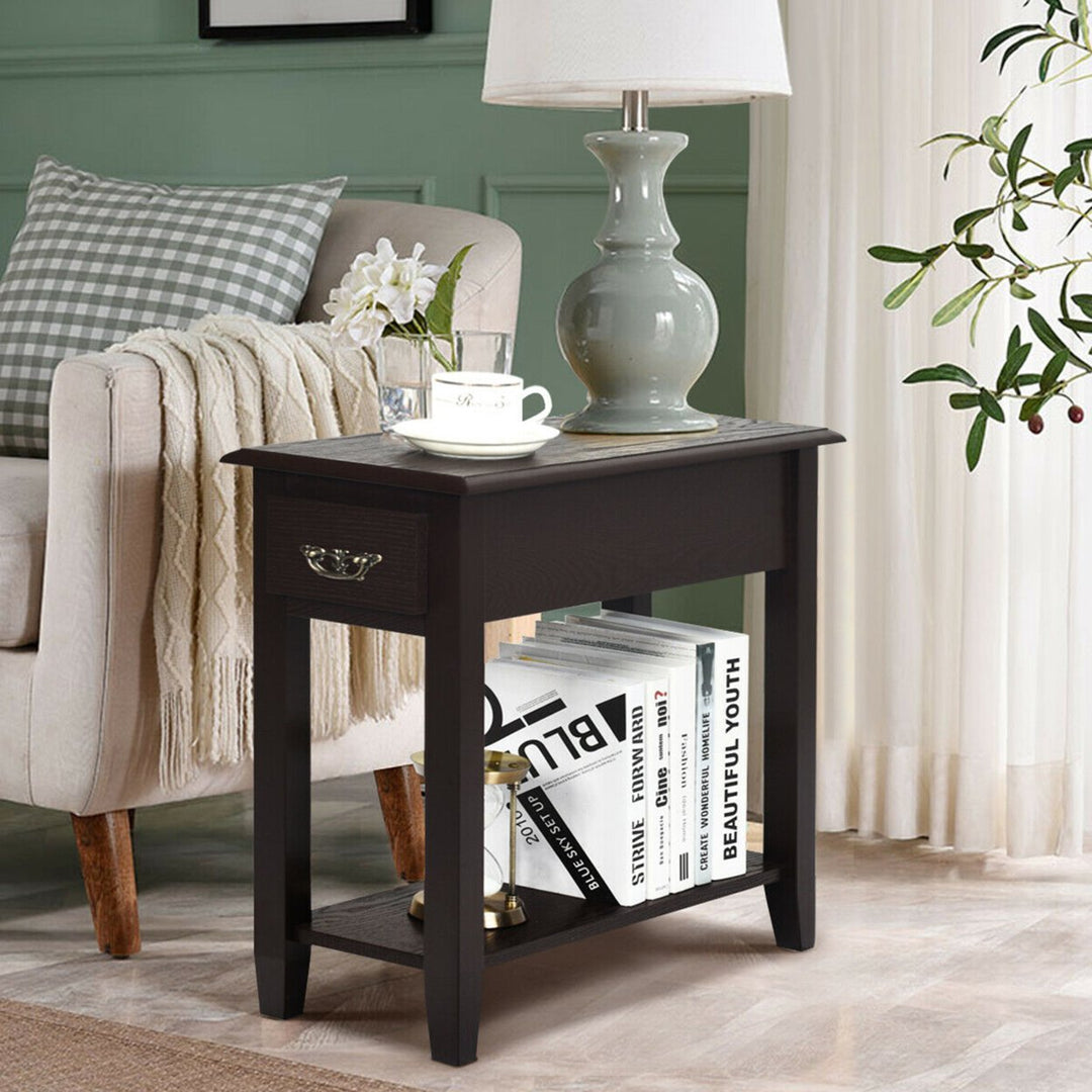 Set of 2 Nightstand 2 Tier End Bedside Sofa Side Table w/Drawer andShelf Espresso Image 3