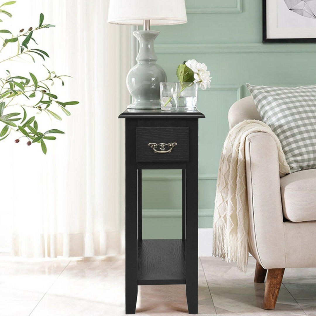 Set of 2 Nightstand 2 Tier End Bedside Sofa Side Table w/Drawer andShelf Black Image 5