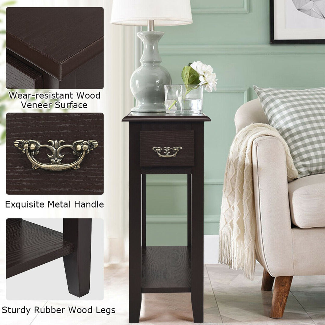 2 Tier End Bedside Sofa Side Table Narrow Nightstand w/Drawer andShelf Espresso Image 10