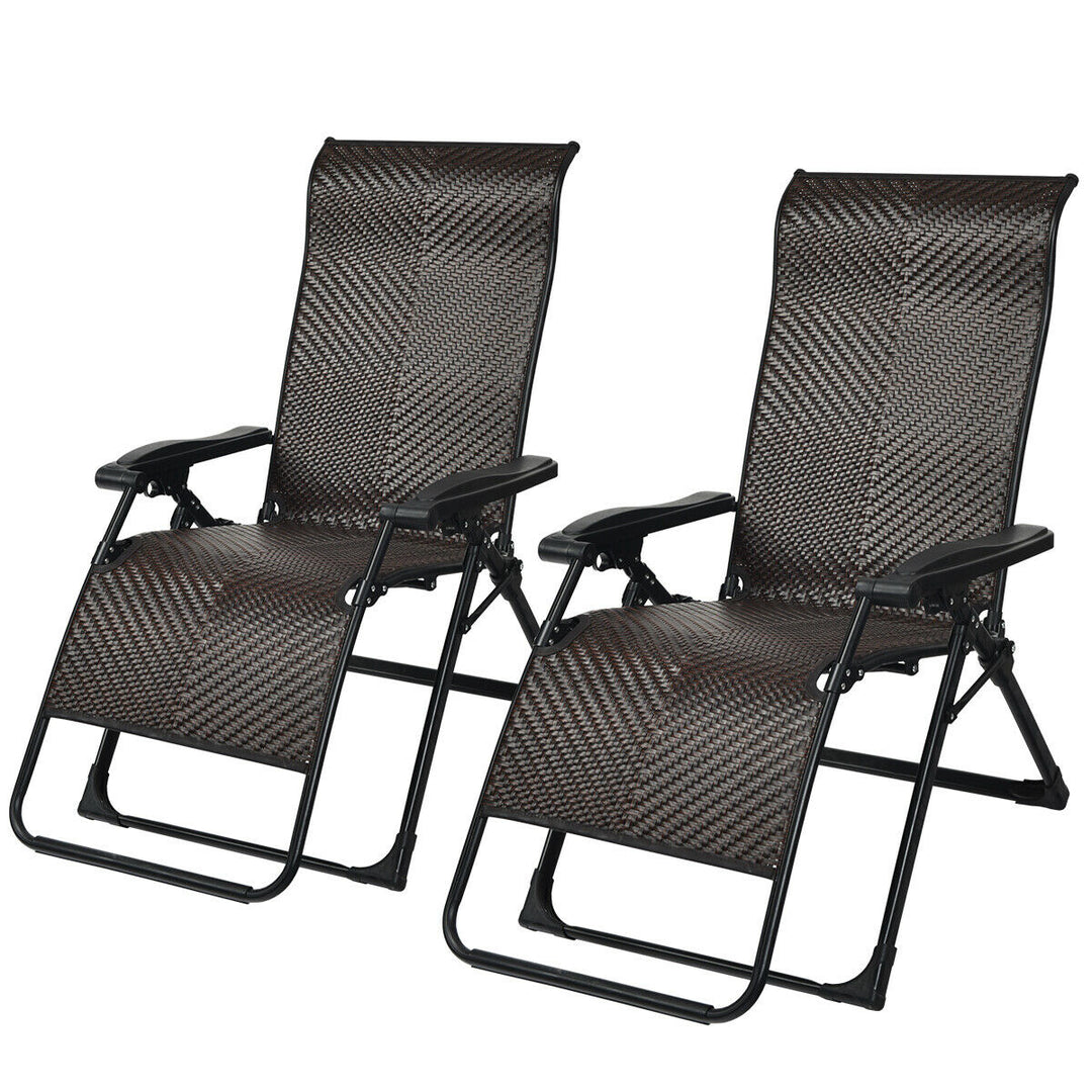 2PCS Patio Rattan Zero Gravity Lounge Chair Folding Recliner Adjustable Headrest Image 1