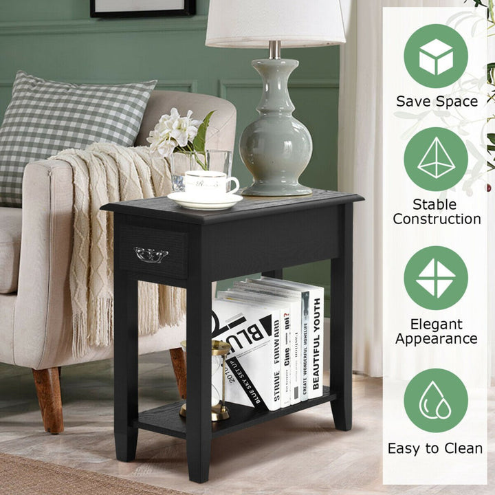 Set of 2 Nightstand 2 Tier End Bedside Sofa Side Table w/Drawer andShelf Black Image 9