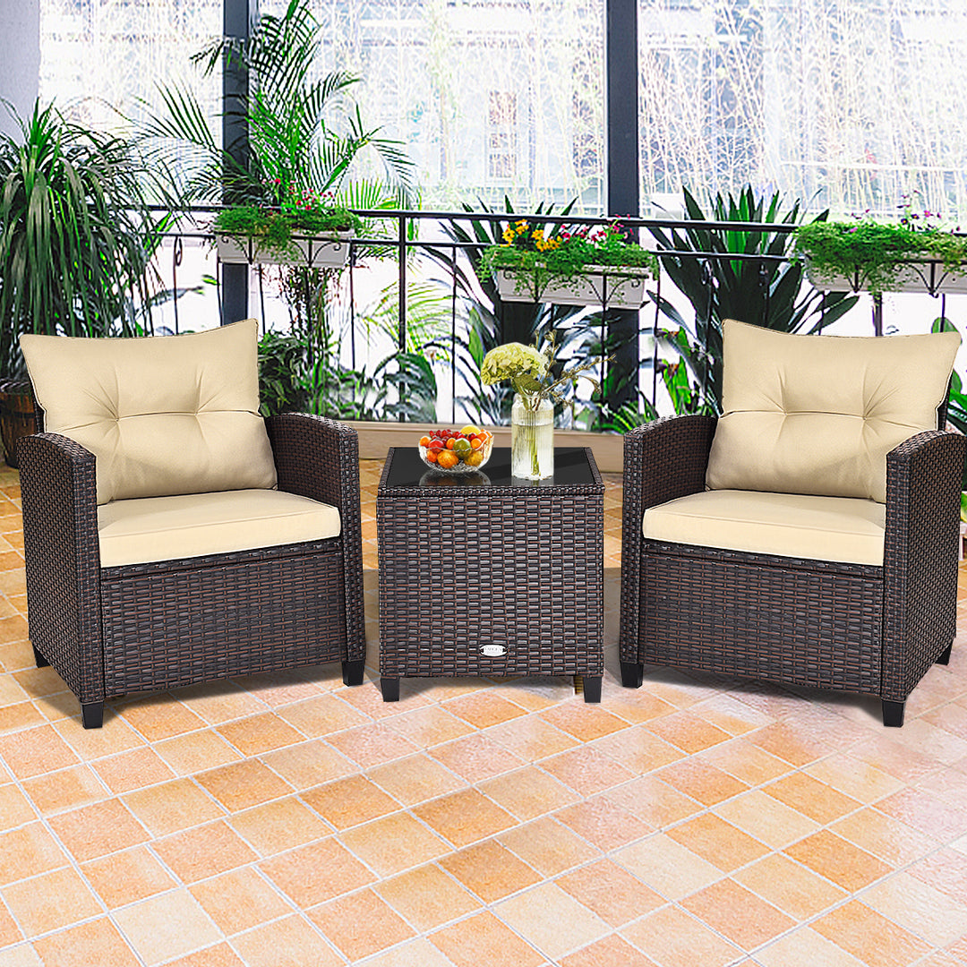 3PCS Outdoor Patio Rattan Conversation Set w/ Cushion Coffee Table Image 1