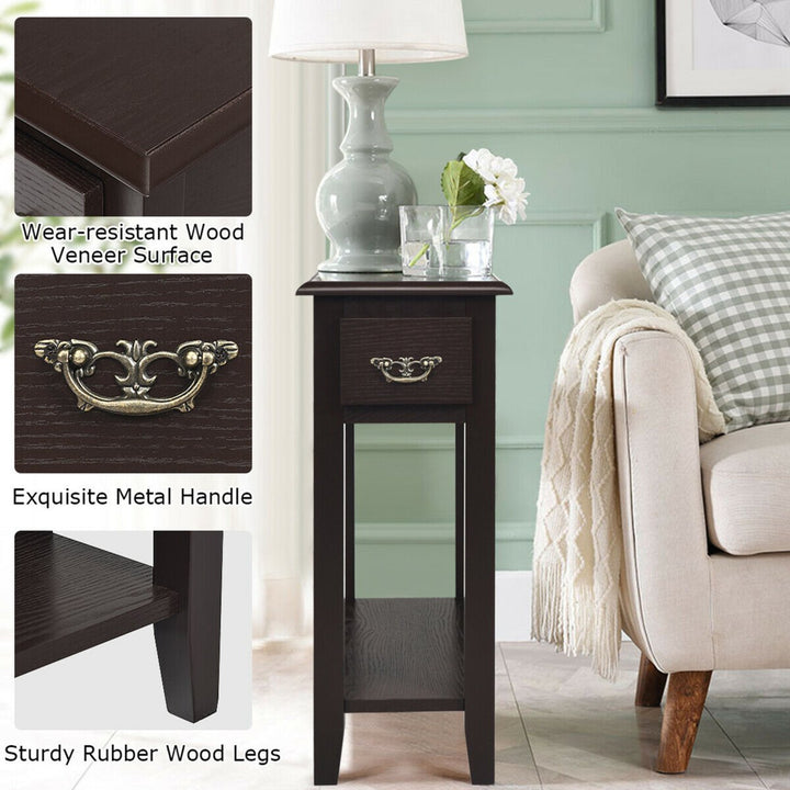 Set of 2 Nightstand 2 Tier End Bedside Sofa Side Table w/Drawer andShelf Espresso Image 10