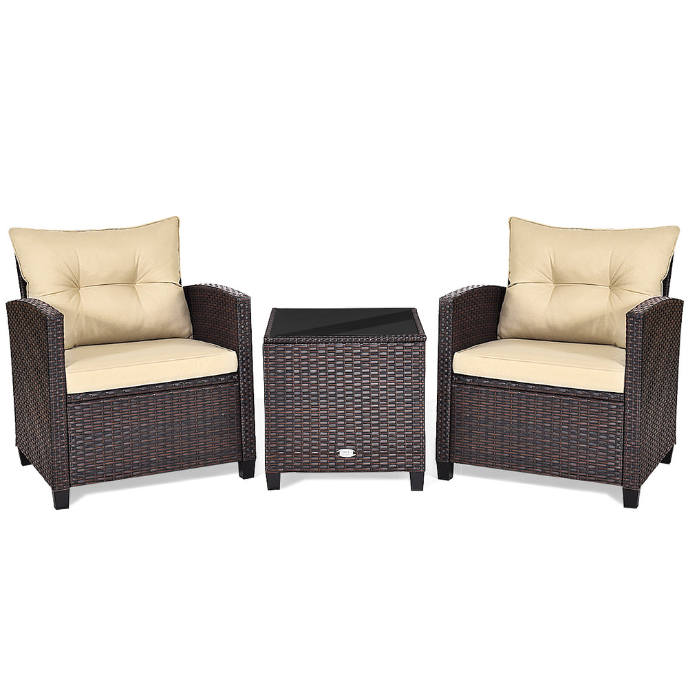 3PCS Outdoor Patio Rattan Conversation Set w/ Cushion Coffee Table Image 2