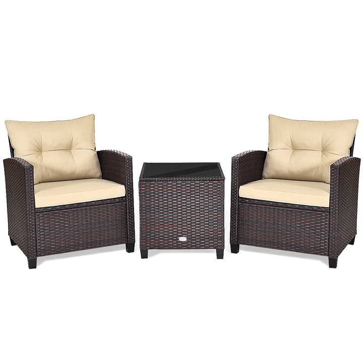 3PCS Outdoor Patio Rattan Conversation Set w/ Cushion Coffee Table Image 2