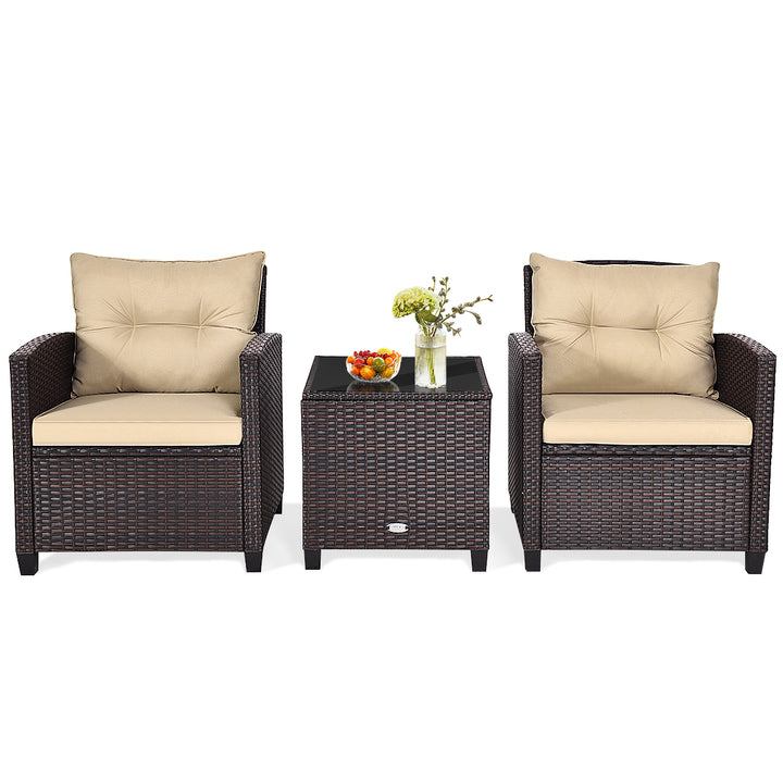 3PCS Outdoor Patio Rattan Conversation Set w/ Cushion Coffee Table Image 4