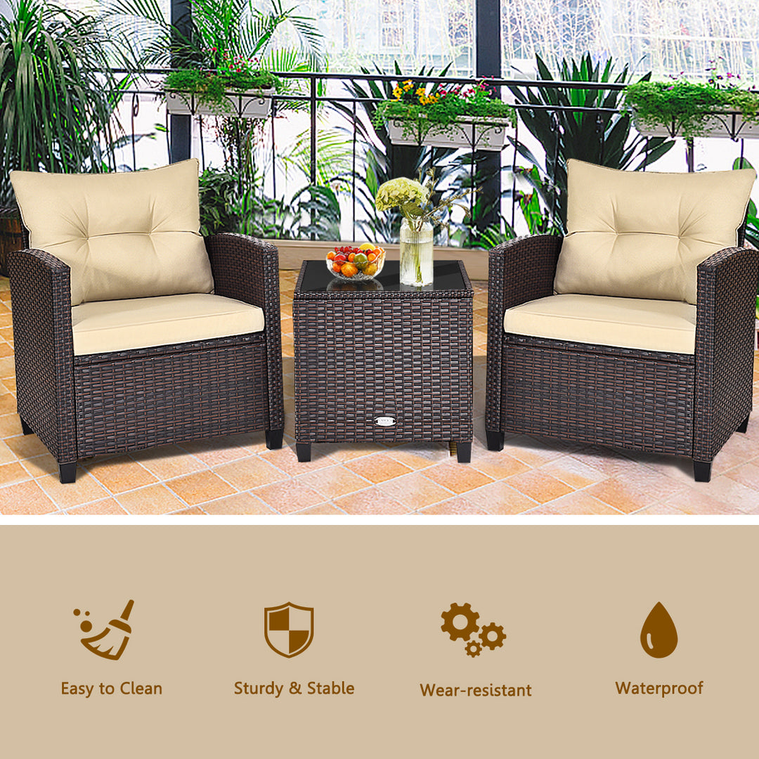 3PCS Outdoor Patio Rattan Conversation Set w/ Cushion Coffee Table Image 6