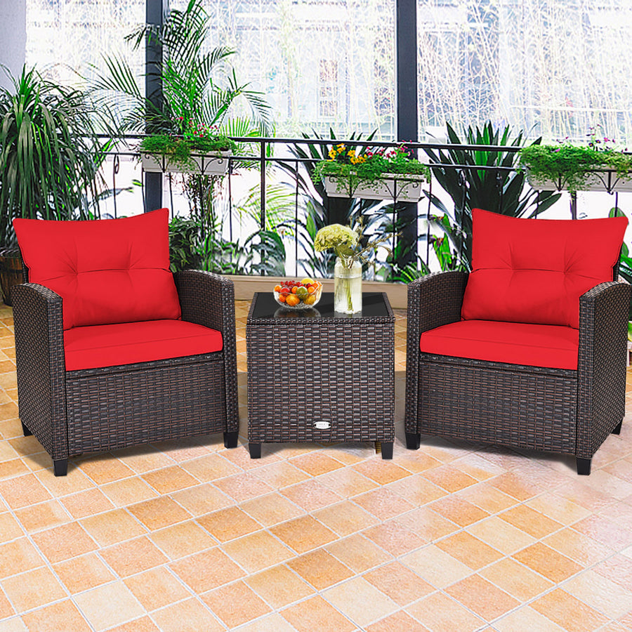 3PCS Outdoor Patio Rattan Conversation Set w/ Coffee Table Red Cushion Image 1