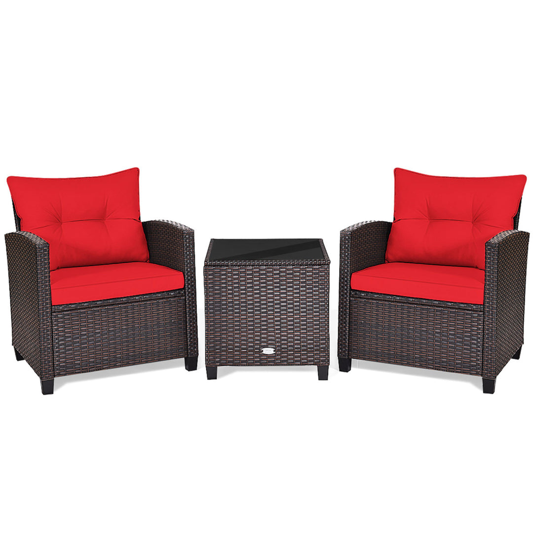 3PCS Outdoor Patio Rattan Conversation Set w/ Coffee Table Red Cushion Image 4