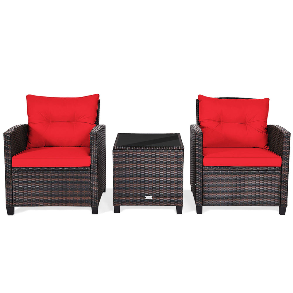 3PCS Outdoor Patio Rattan Conversation Set w/ Coffee Table Red Cushion Image 2