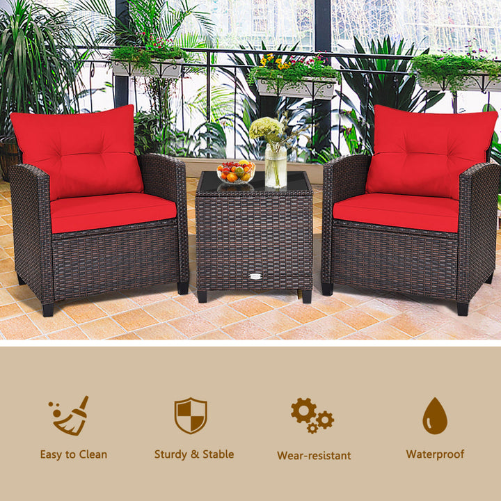 3PCS Outdoor Patio Rattan Conversation Set w/ Coffee Table Red Cushion Image 6