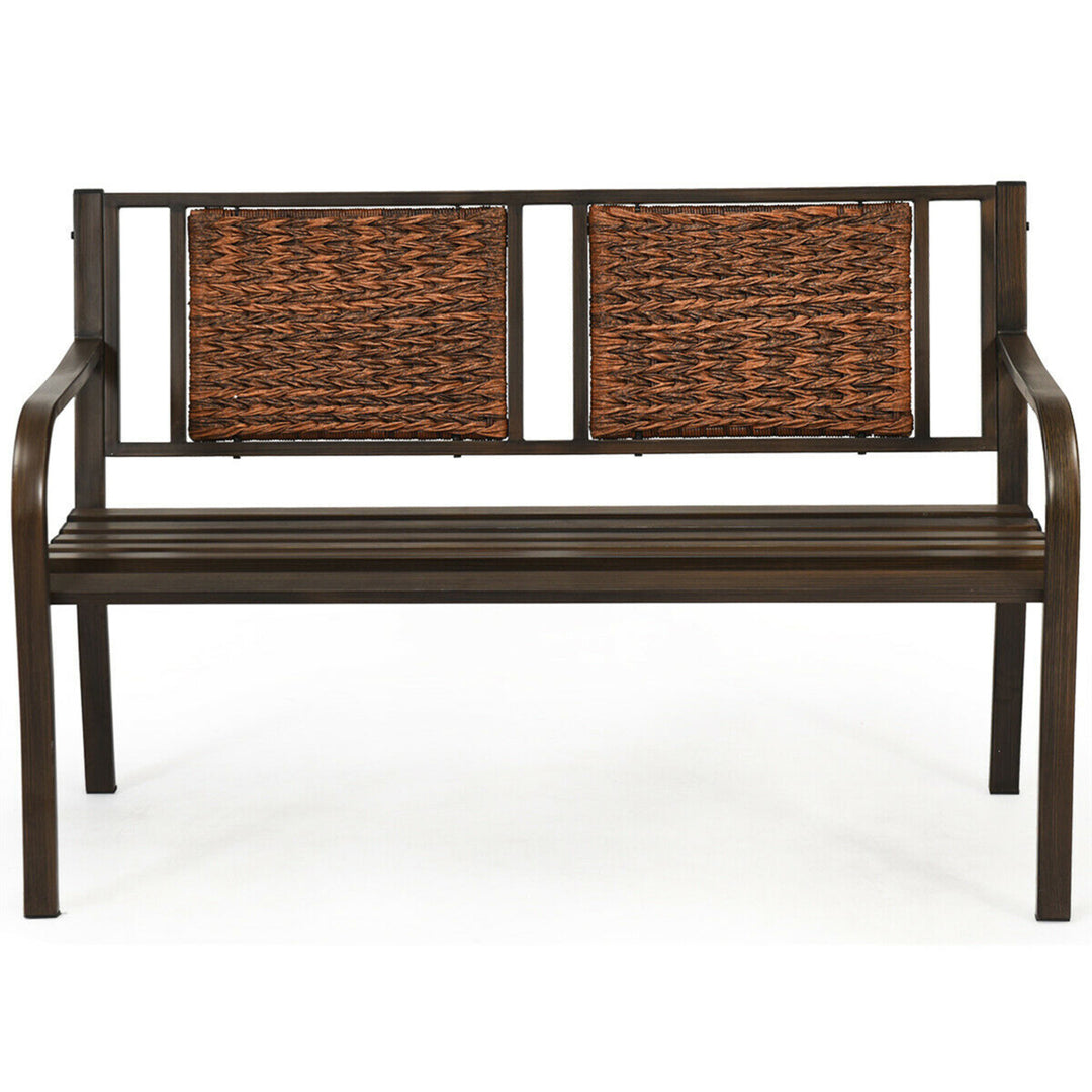 Garden Bench Loveseat Park Patio Yard Outdoor w/ Rattan Back Steel Frame Image 1