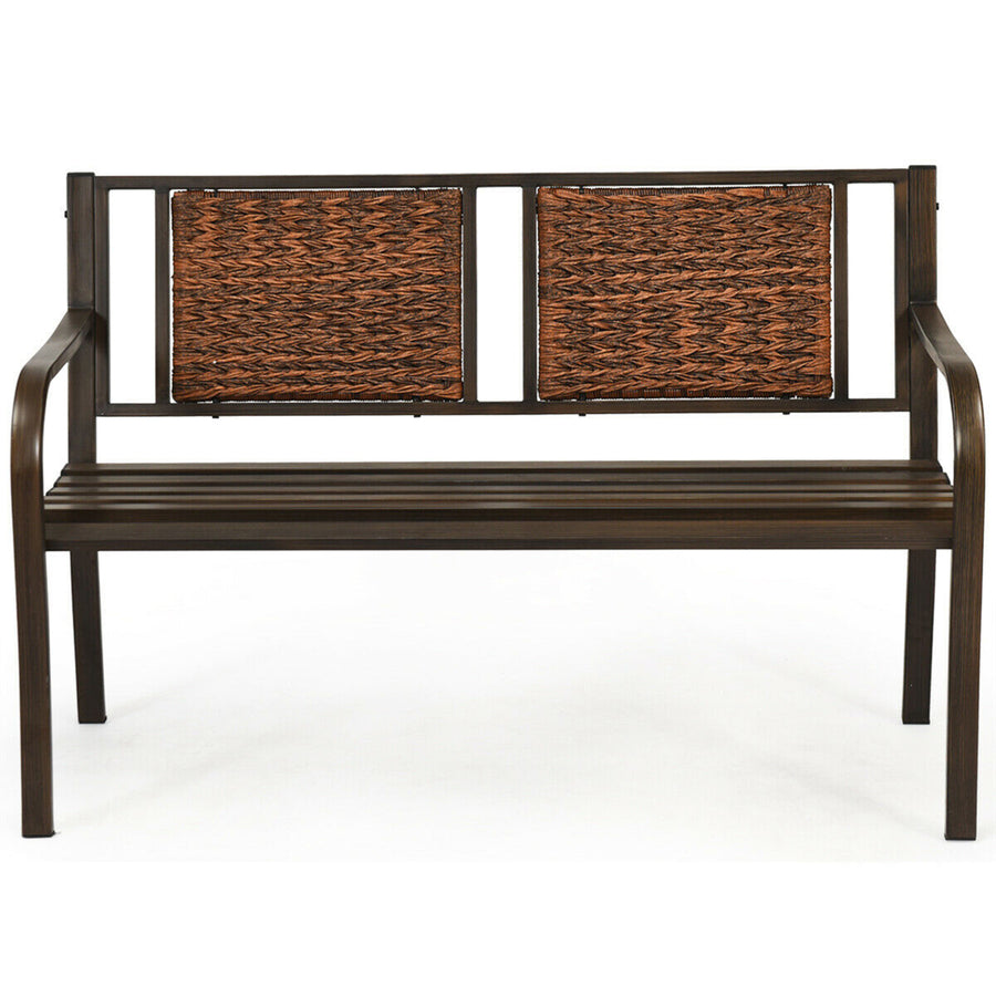 Garden Bench Loveseat Park Patio Yard Outdoor w/ Rattan Back Steel Frame Image 1