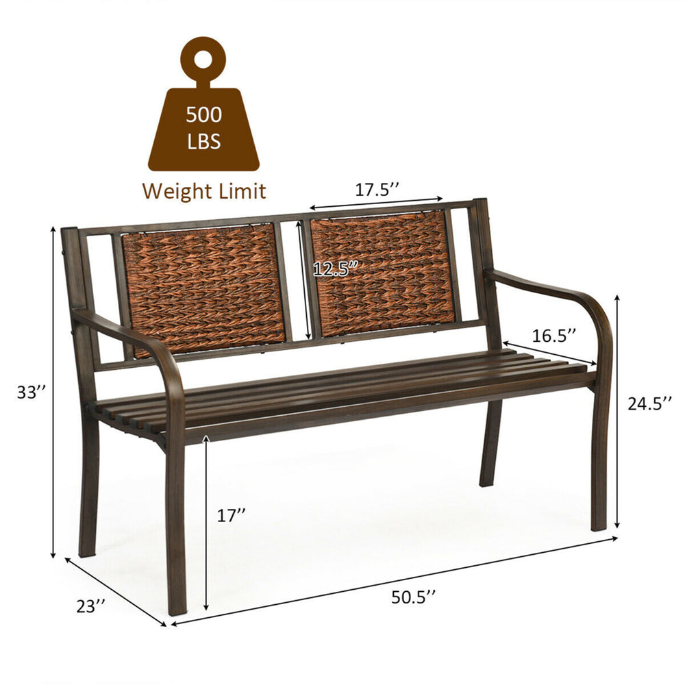 Garden Bench Loveseat Park Patio Yard Outdoor w/ Rattan Back Steel Frame Image 2