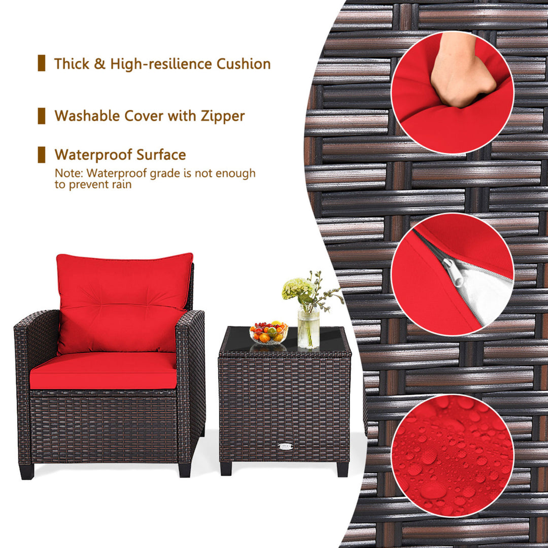 3PCS Outdoor Patio Rattan Conversation Set w/ Coffee Table Red Cushion Image 8